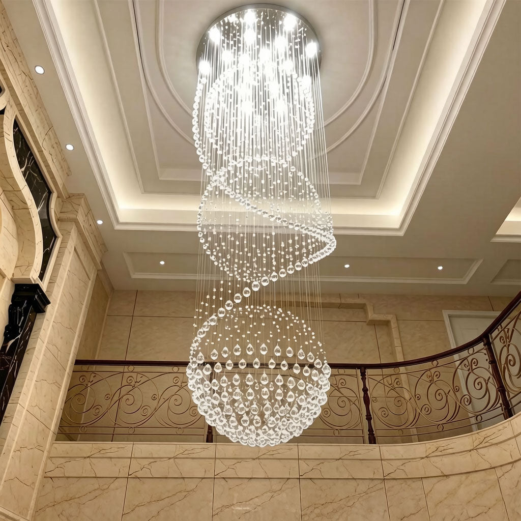 Crystal spiral chandelier illuminating a hotel lobby or boutique event space