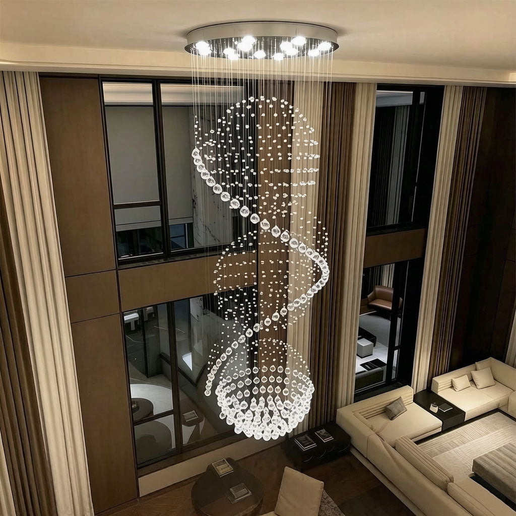 Luxury crystal staircase chandelier viewed from below showing full spiral crystal arrangement