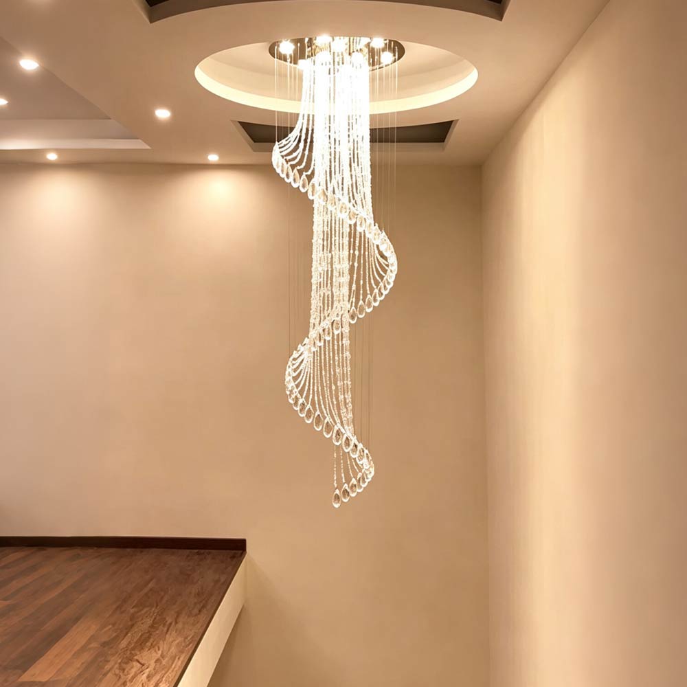 Luxury spiral crystal chandelier illuminating a warm modern interior