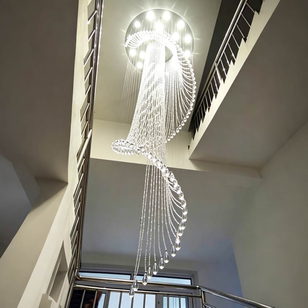 Close-up view of a luxury spiral crystal chandelier for high ceilings