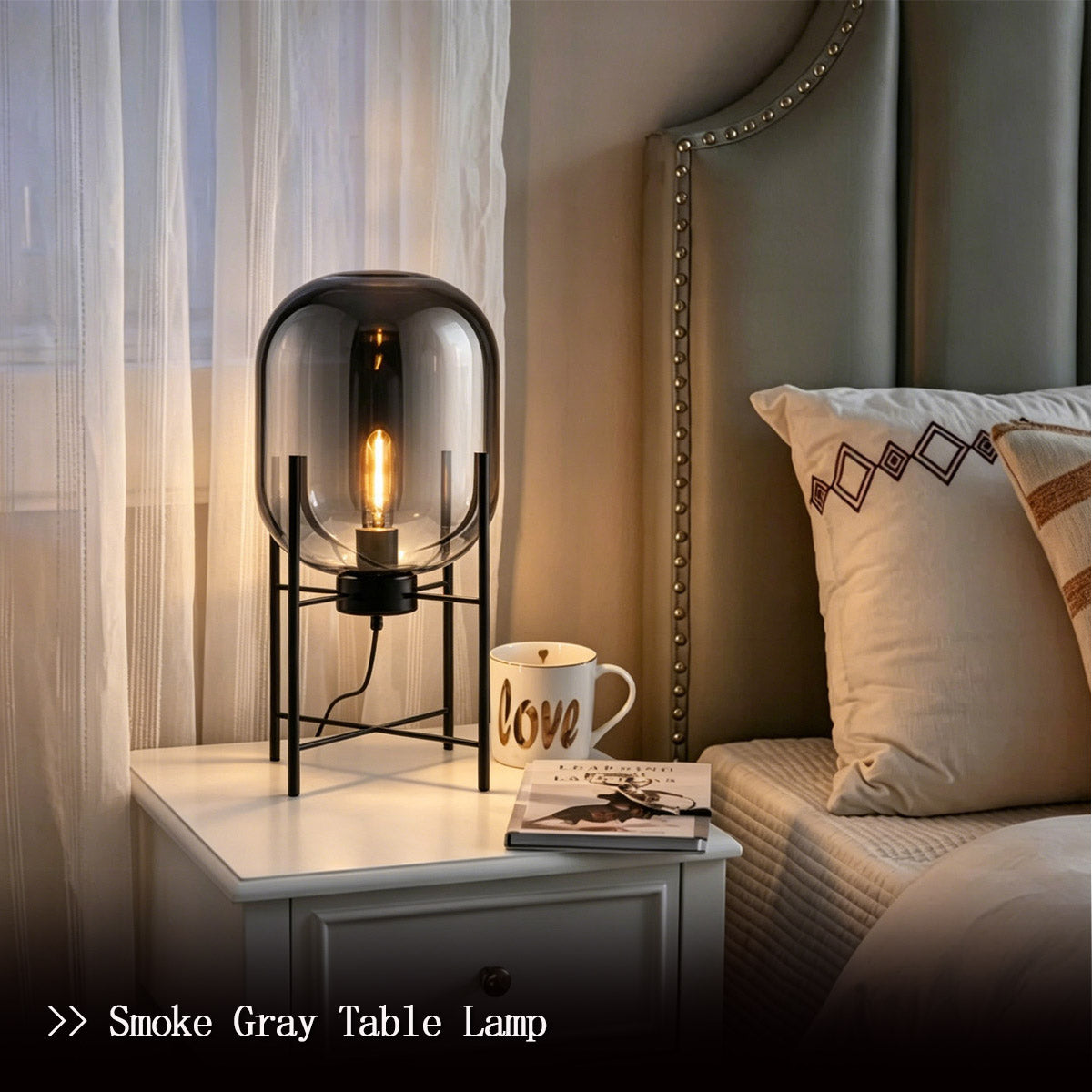 Modern Glass Globe Table Lamp - Smoke Gray Table Lamp on Bedside Table
