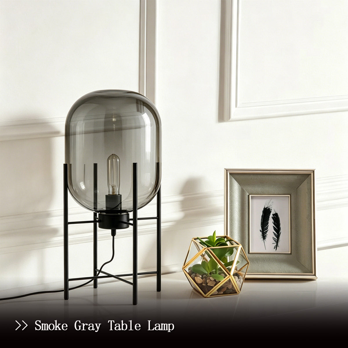 Modern Glass Globe Table Lamp - Smoke Gray Oval Glass Lampshade Close-up