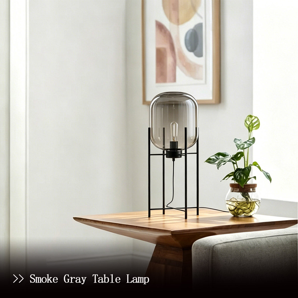 Modern Glass Globe Table Lamp - Smoke Gray Oval Glass Lampshade Close-up