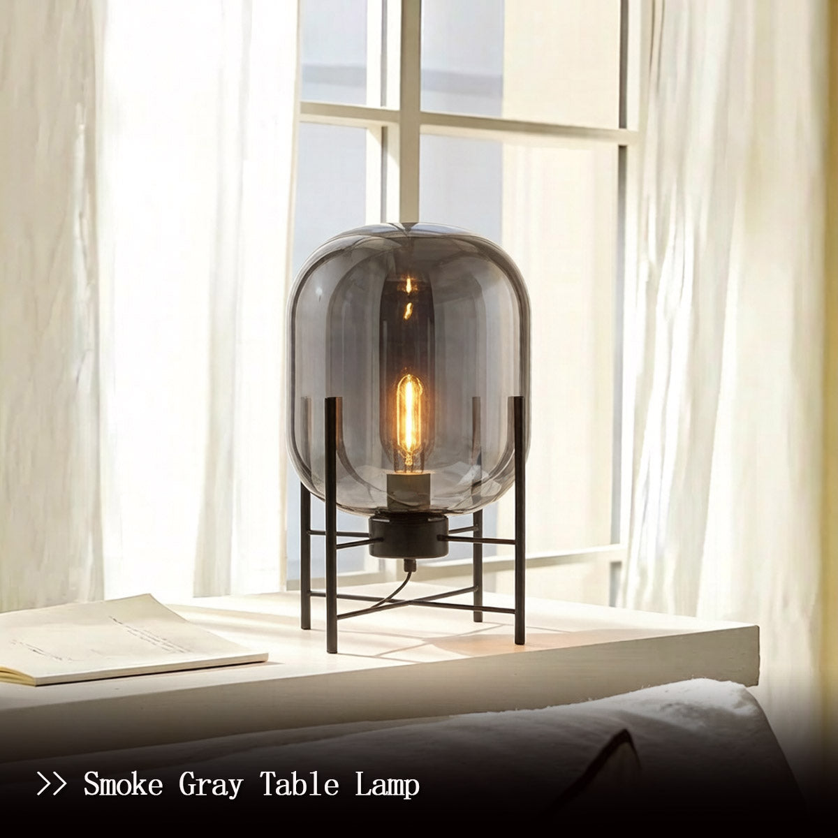 Modern Glass Globe Table Lamp - Smoke Gray Glass Table Lamp Side View