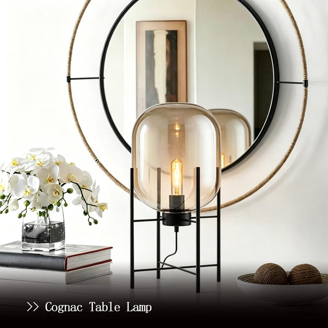 Modern Glass Globe Table Lamp - Smoke Gray Glass Shade Black Metal Stand