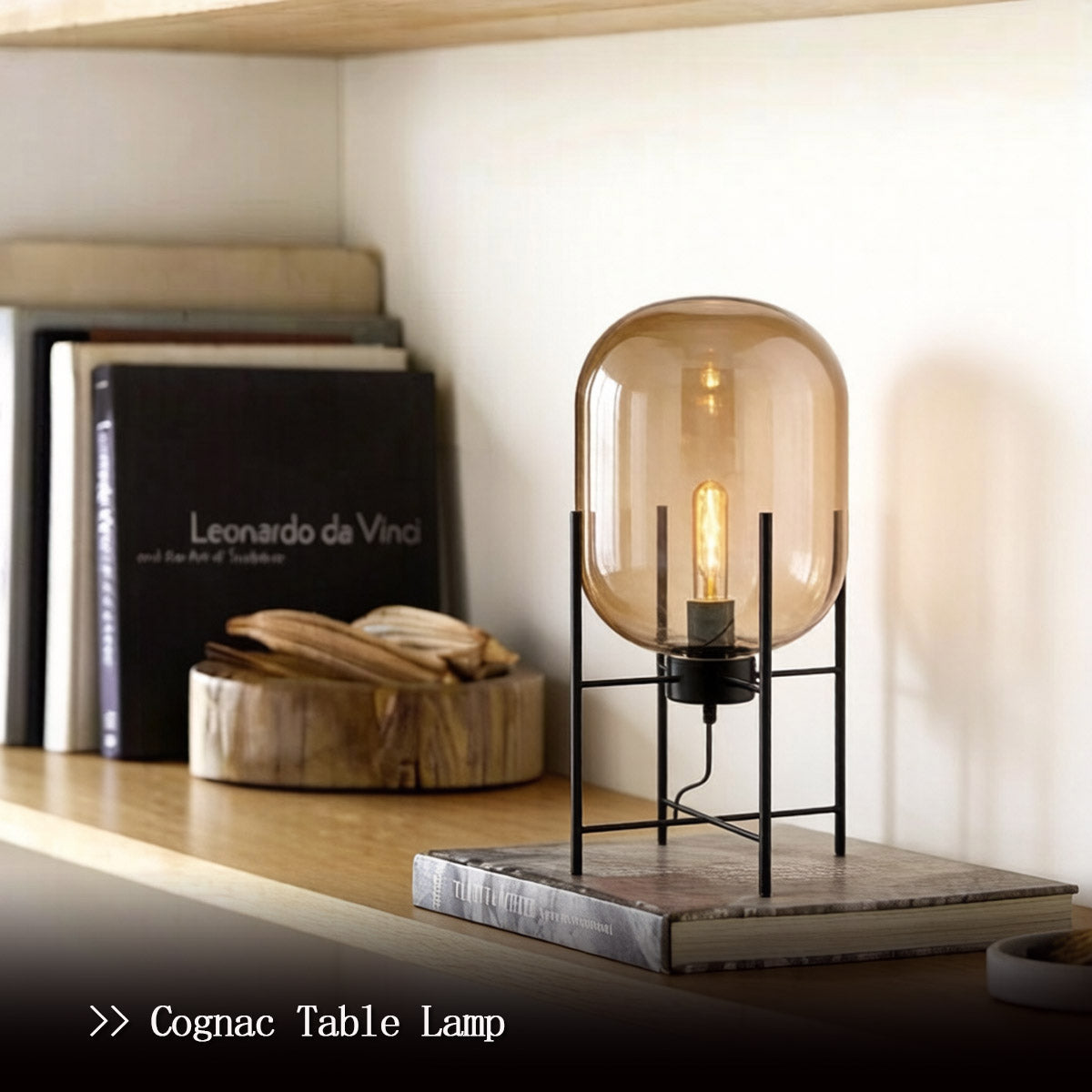 Modern Glass Globe Table Lamp - Cognac Amber Glass Table Lamp in Bedroom