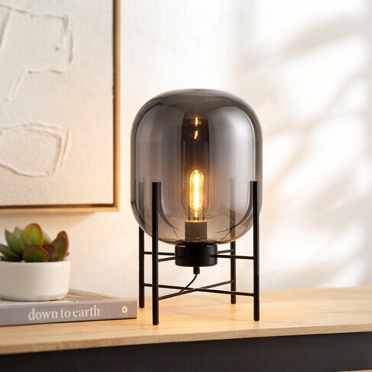 Modern Glass Globe Table Lamp - Smoke Gray Glass Shade Black Metal Stand