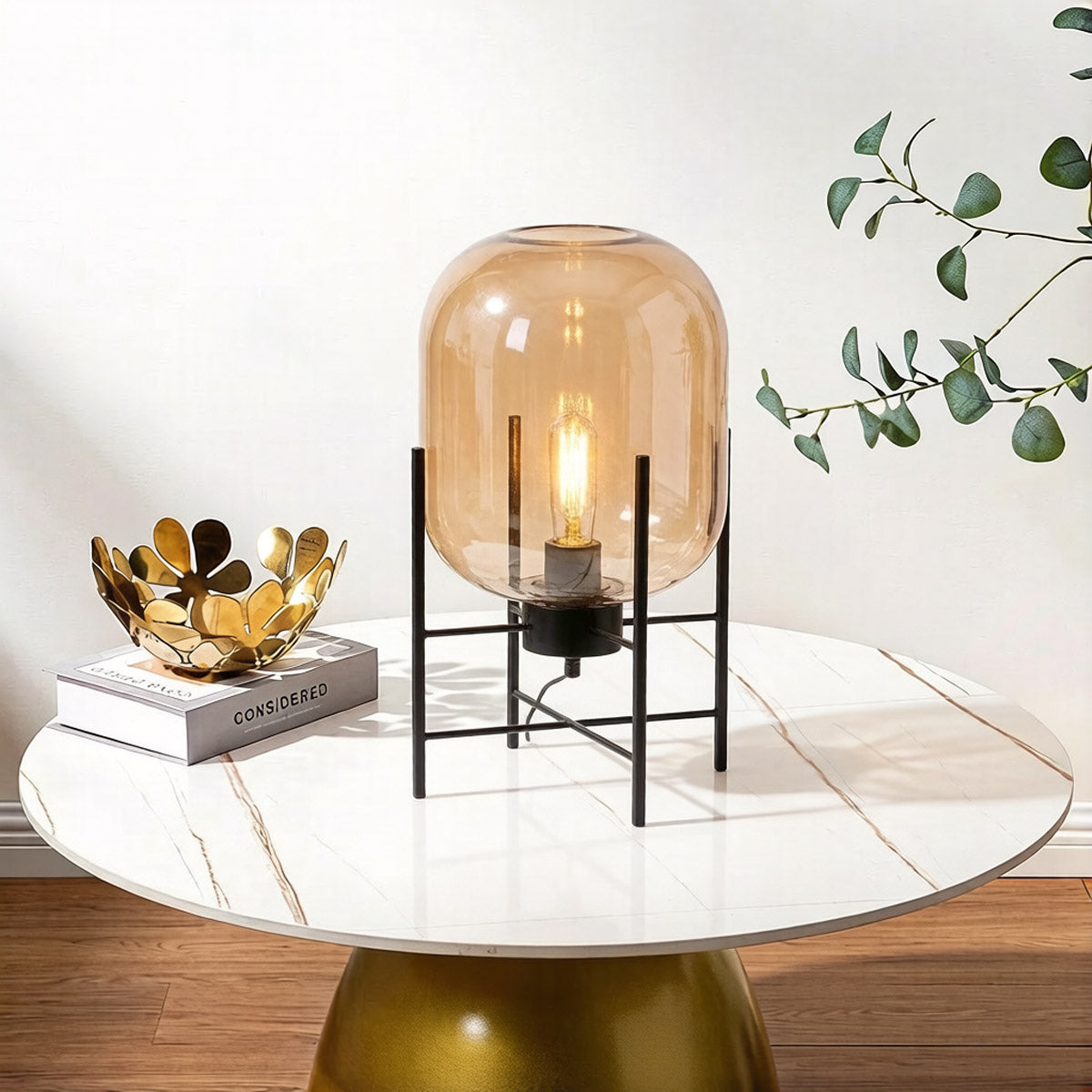 Modern Glass Globe Table Lamp - Cognac Amber Glass Shade Black Metal Stand