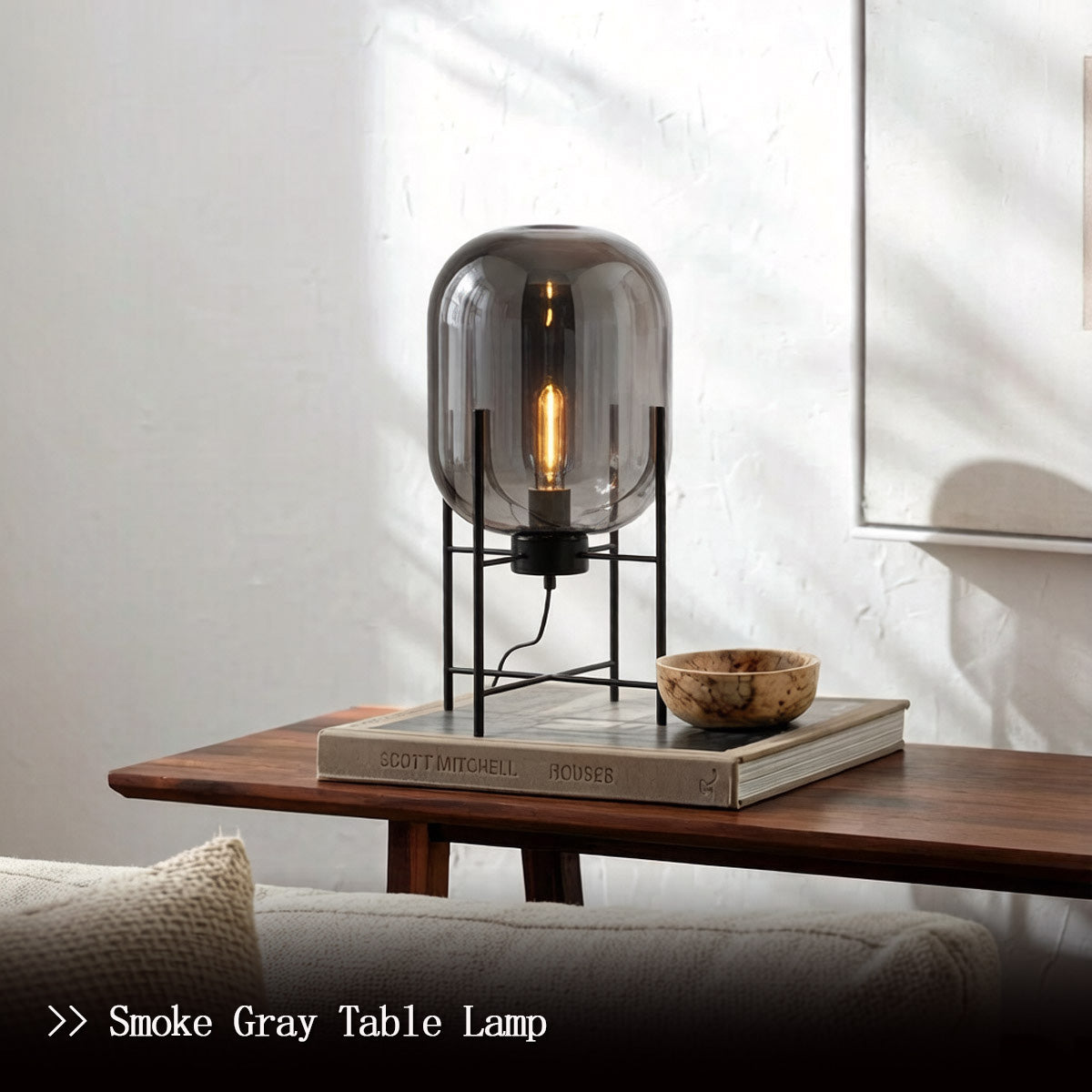 Modern Glass Globe Table Lamp - Smoke Gray Table Lamp on Bedside Table