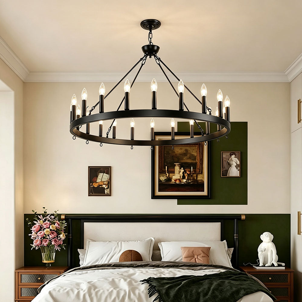 Luxury Round Crystal Ring Chandelier, matte black wagon wheel circular pendant light, vintage modern farmhouse ring chandelier for master bedroom, bedroom ceiling decorative lighting fixture.