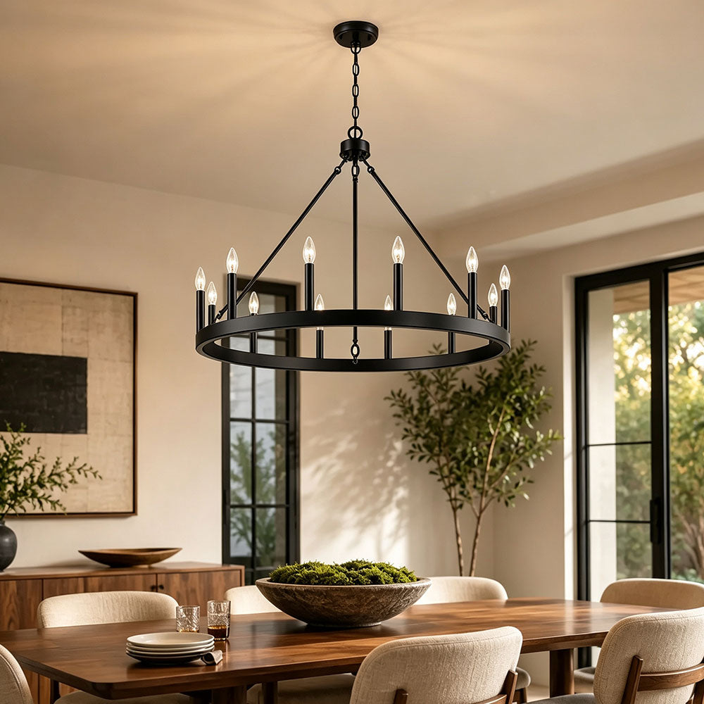 Luxury Round Crystal Ring Chandelier, matte black wagon wheel circular pendant light, modern farmhouse ring chandelier for dining room, indoor dining table ceiling lighting fixture.
