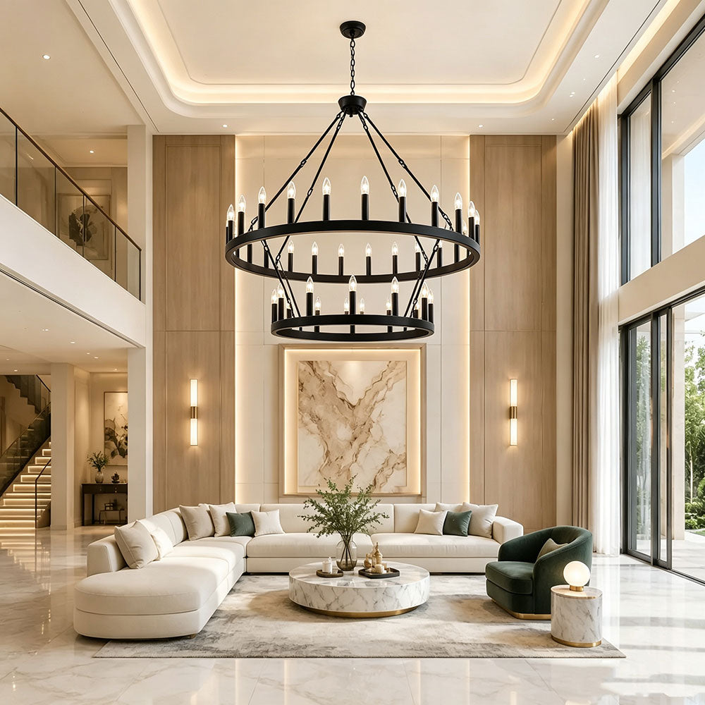 Luxury Round Crystal Ring Chandelier, double tier matte black wagon wheel chandelier, large circular pendant light for high ceiling foyer and two-story living room, modern farmhouse indoor lighting.