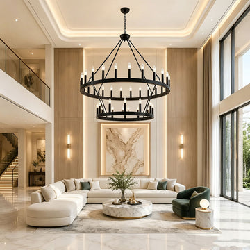 Luxury Round Crystal Ring Chandelier, double tier matte black wagon wheel chandelier, large circular pendant light for high ceiling foyer and two-story living room, modern farmhouse indoor lighting.