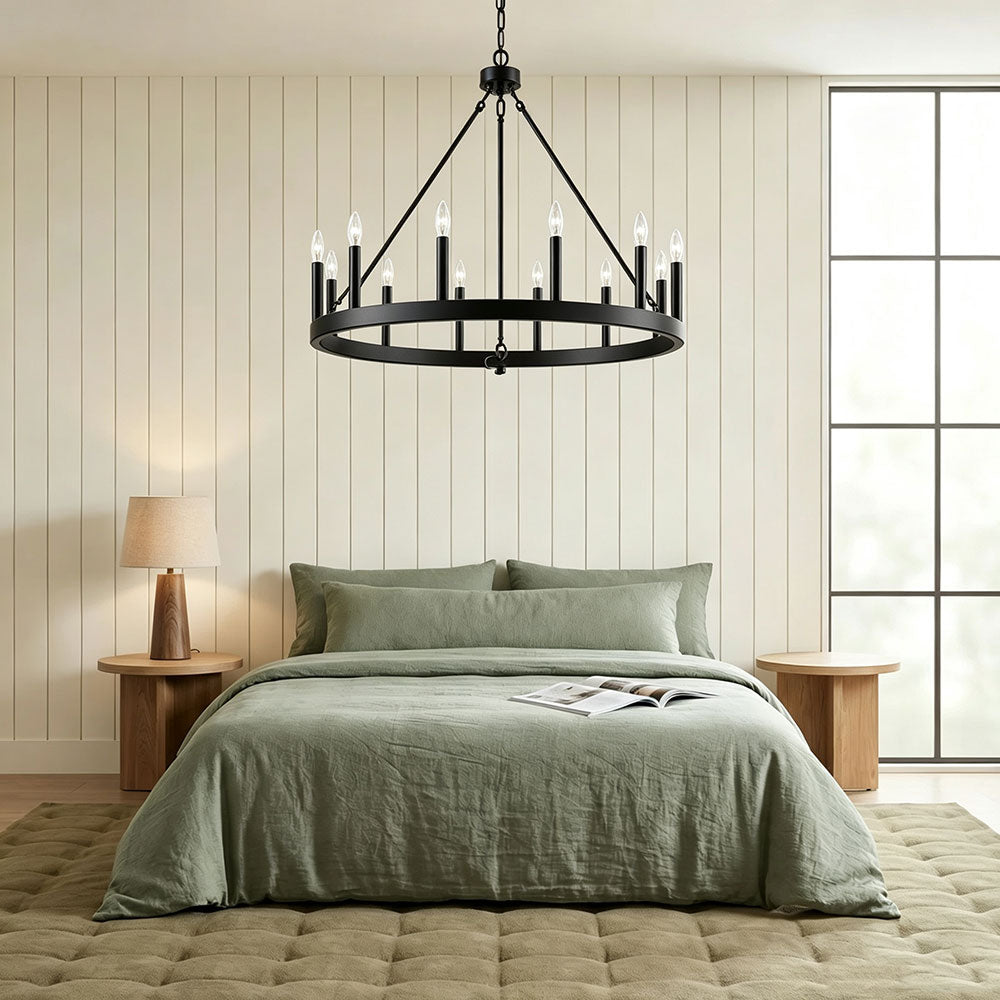 Luxury Round Crystal Ring Chandelier, matte black wagon wheel circular pendant light, modern farmhouse chandelier indoor decor for primary bedroom, farmhouse bedroom ceiling lighting.