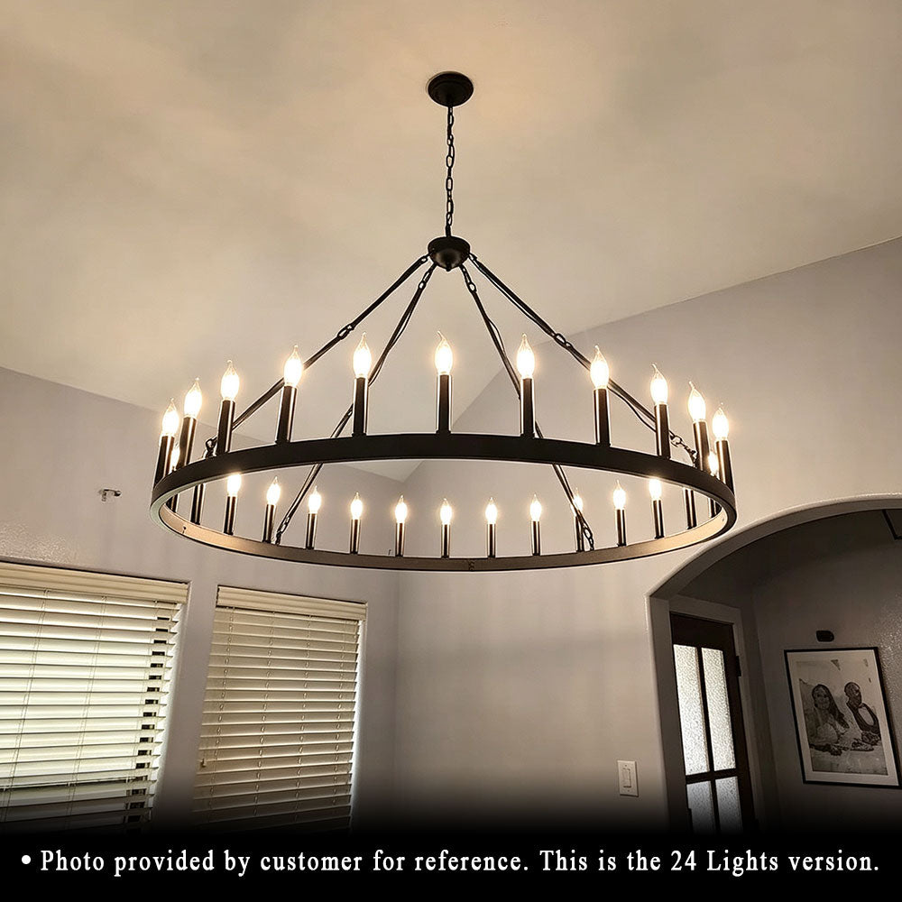 Luxury Round Crystal Ring Chandelier, 24 lights matte black wagon wheel circular pendant light customer real installation photo, 3000K warm light modern farmhouse indoor ceiling chandelier.