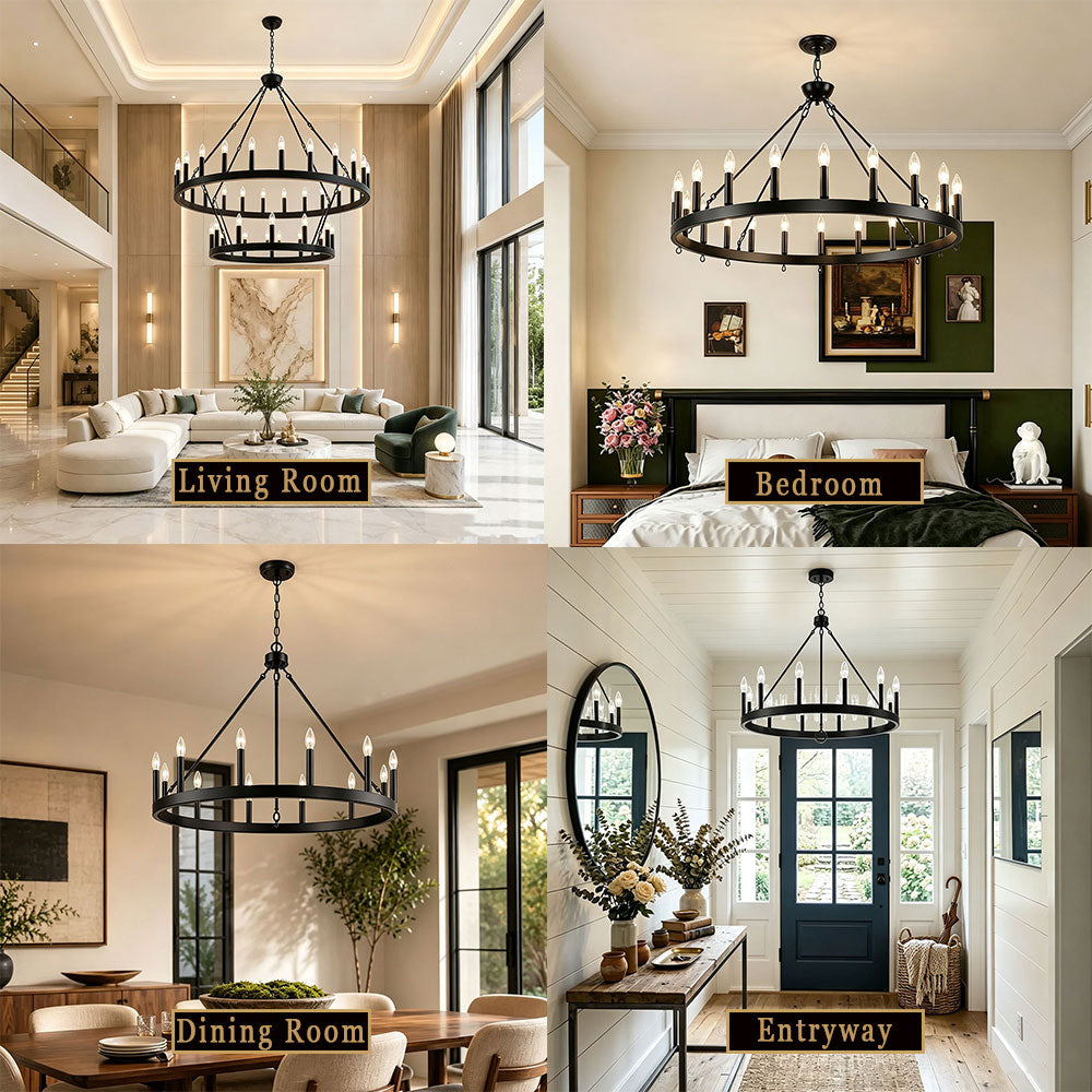 Luxury Round Crystal Ring Chandelier, matte black wagon wheel circular pendant light, multi-scene display for living room, bedroom, dining room, entryway, modern farmhouse indoor ceiling lighting.