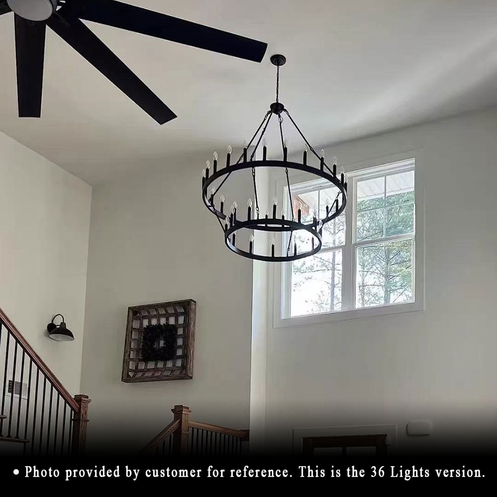 Luxury Round Crystal Ring Chandelier, 36 lights double tier matte black wagon wheel chandelier customer real installation photo, large circular pendant light for high ceiling stairwell, modern farmhouse lighting.