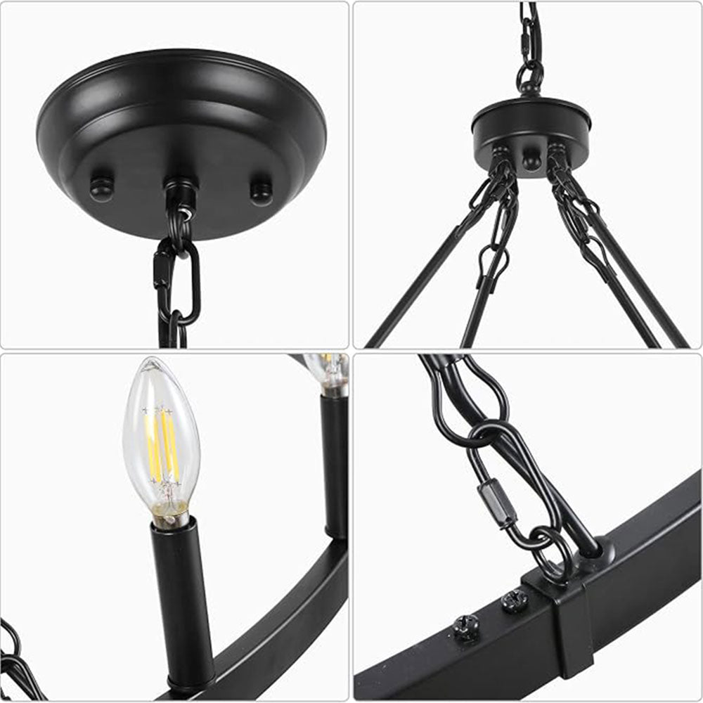 Luxury Round Crystal Ring Chandelier, matte black metal wagon wheel chandelier close-up details, adjustable hanging chain, candle light bulb, sturdy canopy and frame hardware craftsmanship.