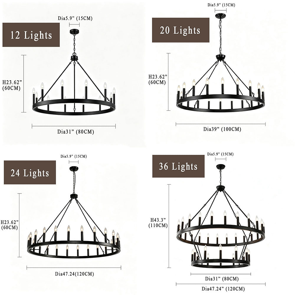 Luxury Round Crystal Ring Chandelier, matte black wagon wheel circular chandelier size comparison chart, 12/20/24/36 lights multiple sizes dimension specifications, modern farmhouse ring pendant light.