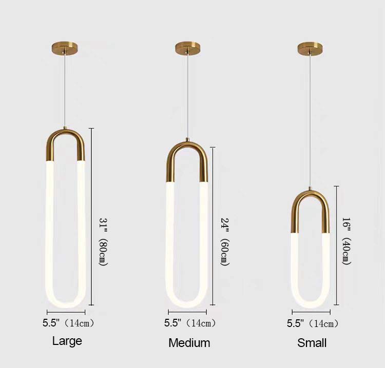 Minimalist U-shaped gold pendant light three-size comparison diagram, Small H16" (40cm), Medium H24" (60cm), Large H31" (80cm), all W5.5" (14cm), brass finish white jade glass LED pendant size chart