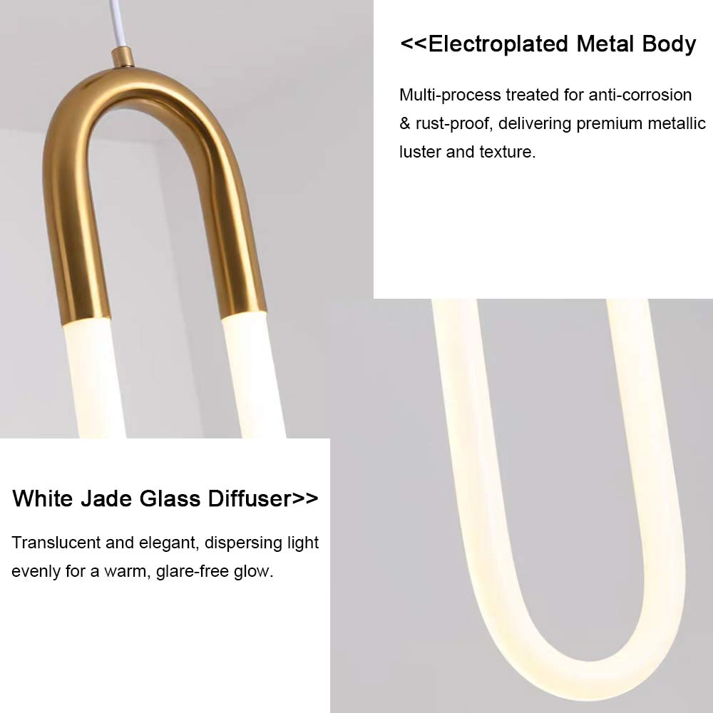 Minimalist U-shaped gold pendant light product specification sheet, dimensions and technical specs diagram, white jade glass diffuser brass metal top, LED pendant light data reference image