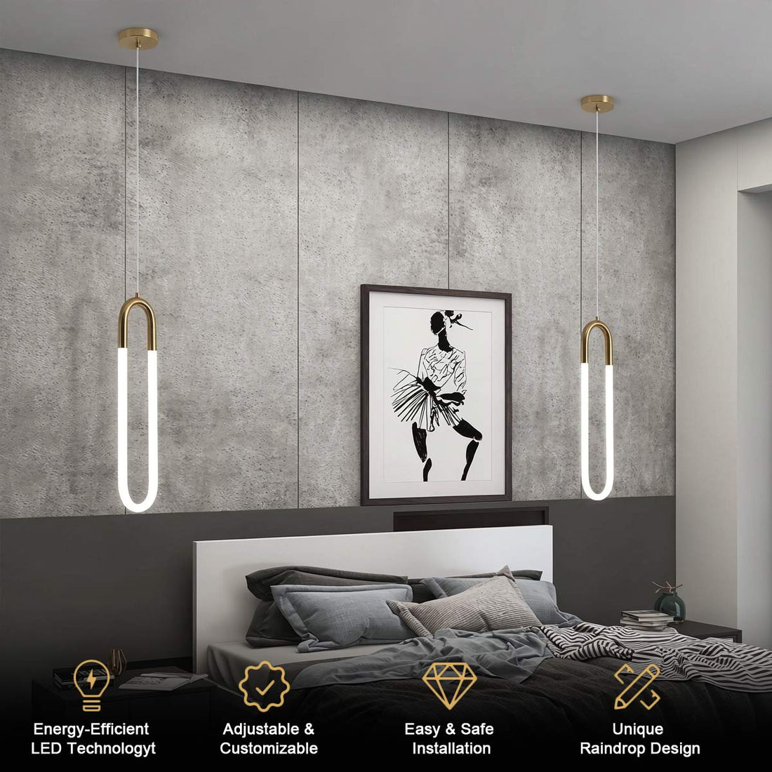 Four minimalist U-shaped gold pendant lights above modern kitchen island, brass finish white jade glass LED hanging lamps, contemporary open-plan kitchen interior lighting scene