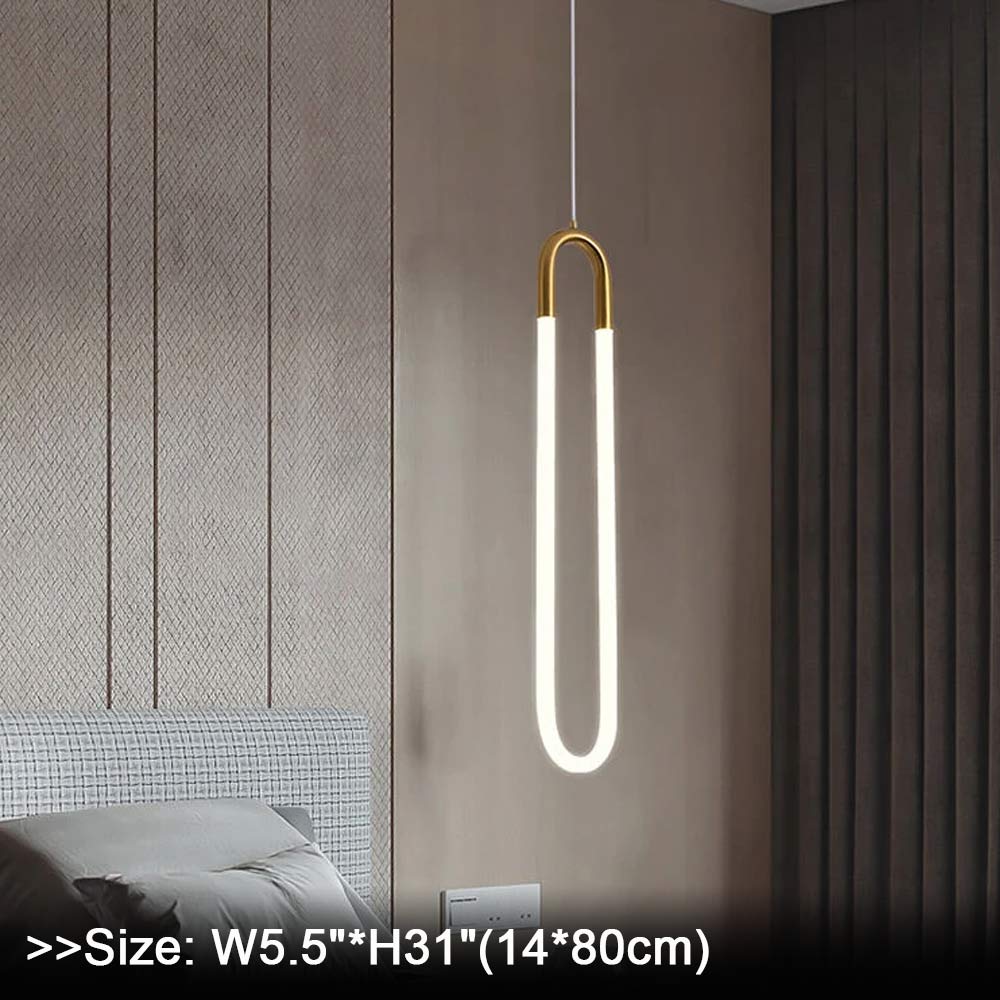 Three minimalist U-shaped gold pendant lights with size dimension labels, Small Medium Large staggered display, brass finish LED pendant lights dimension comparison in interior setting