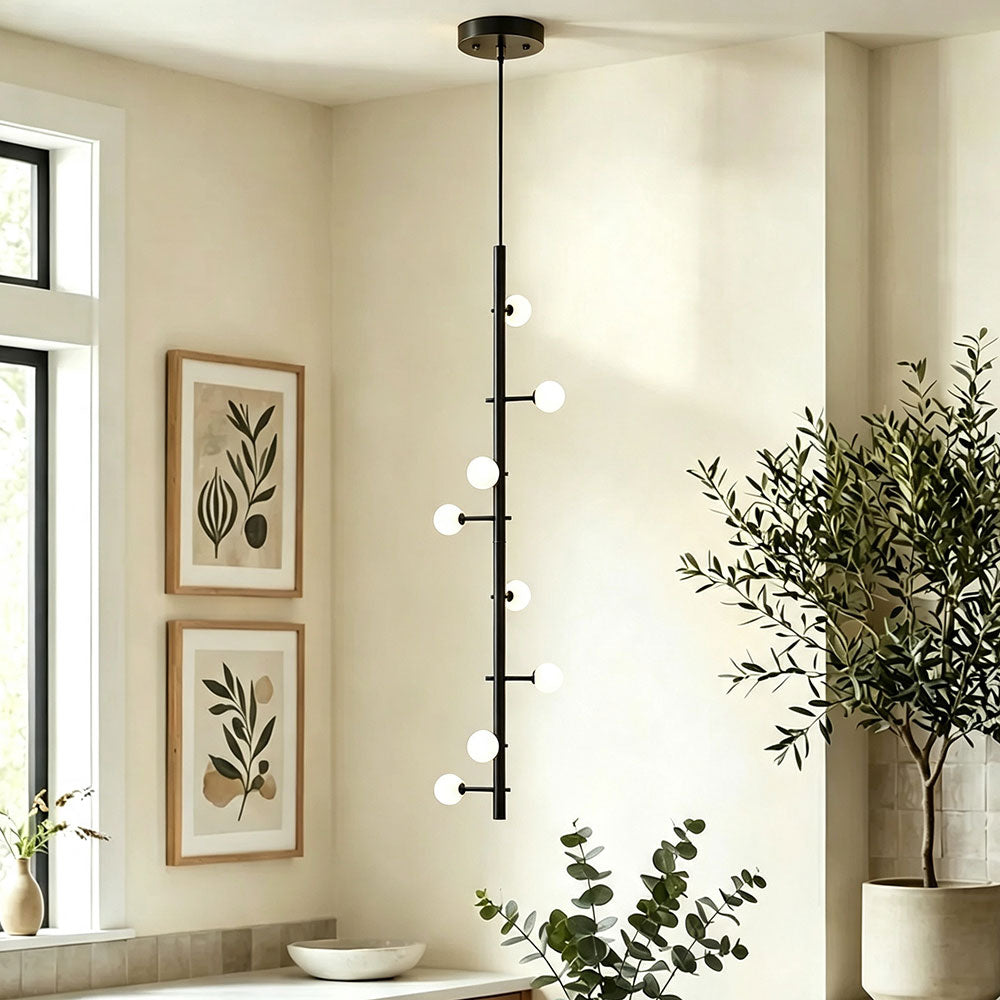 Modern black vertical linear opal globe glass pendant chandelier unlit for kitchen corner entryway high ceiling contemporary home interior