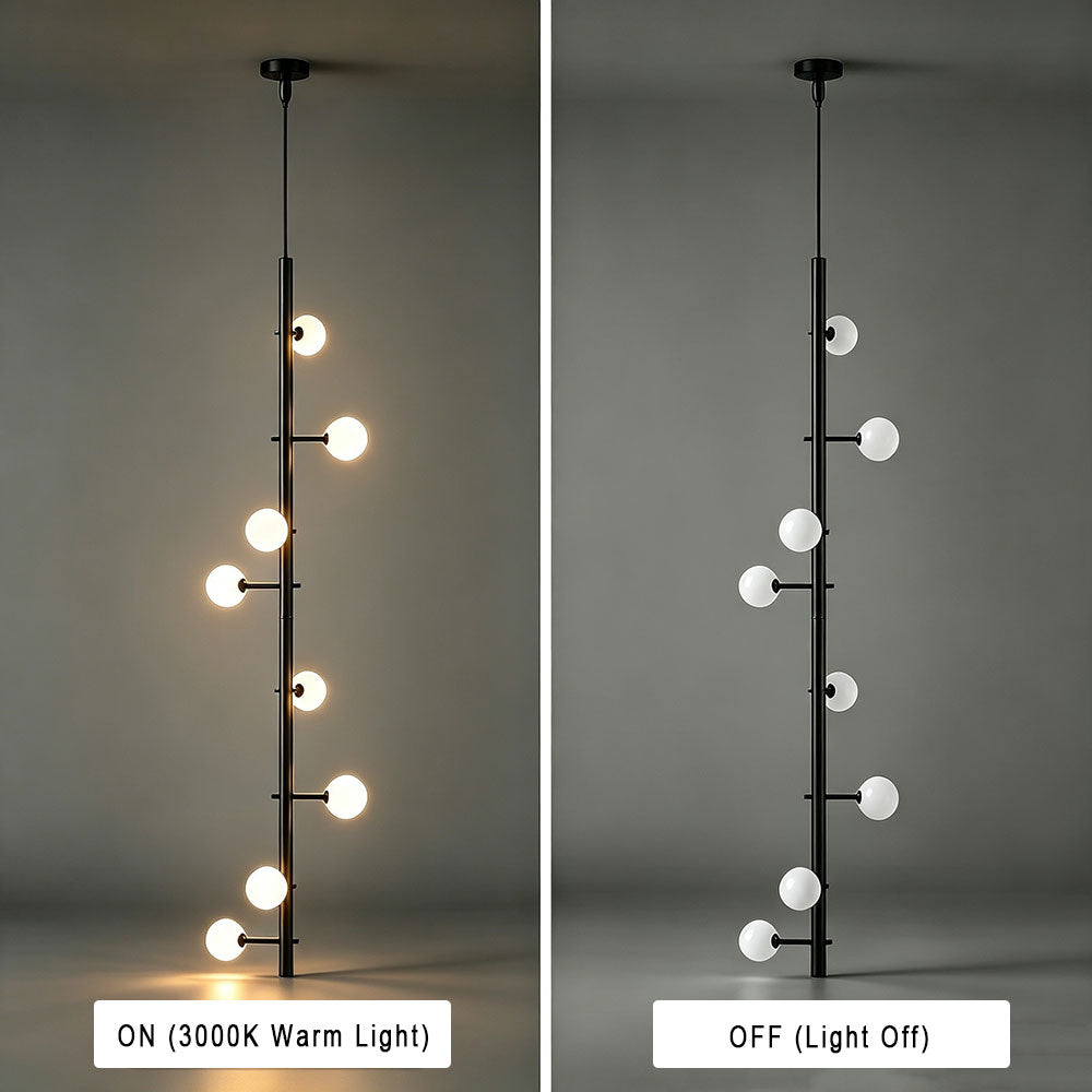 Modern vertical globe glass chandelier side‑by‑side comparison ON OFF state 3000K warm light black metal frame opal glass shades product studio shot
