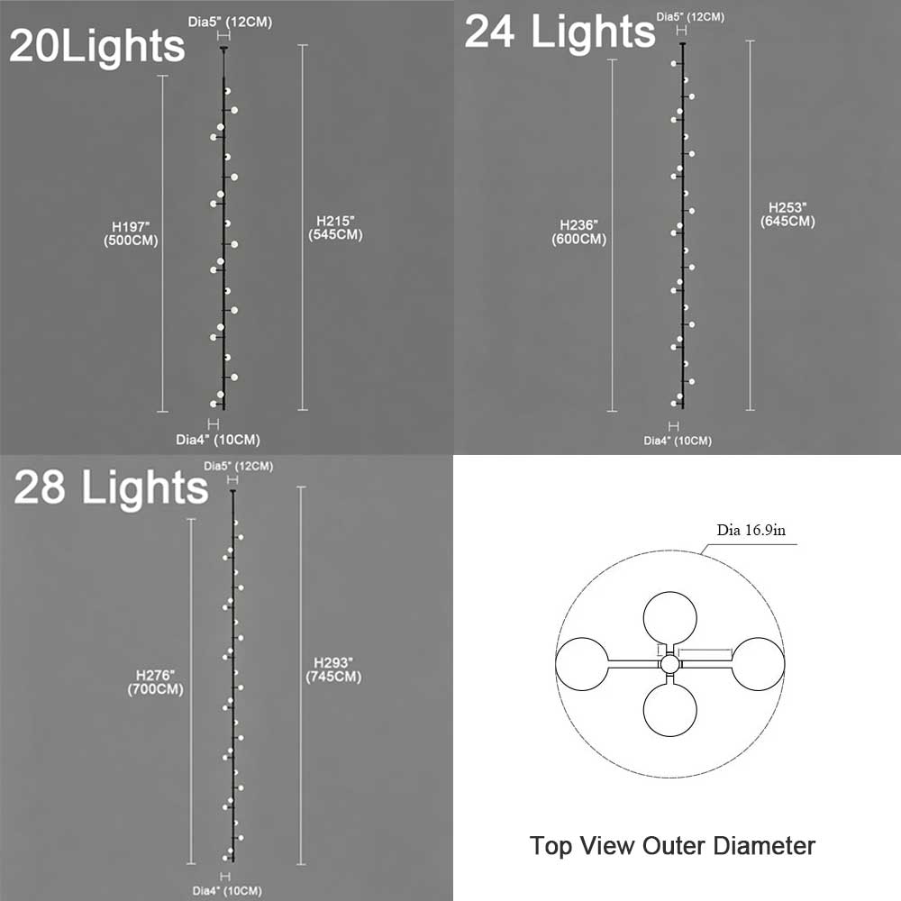 Vertical globe glass chandelier size comparison chart 20‑light 24‑light 28‑light version dimension height diameter specification parameters