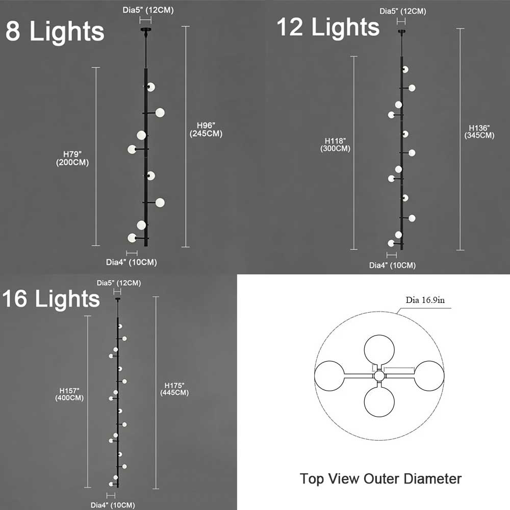 Vertical globe glass chandelier size chart comparison 8‑light 12‑light 16‑light version dimension specifications height diameter parameters