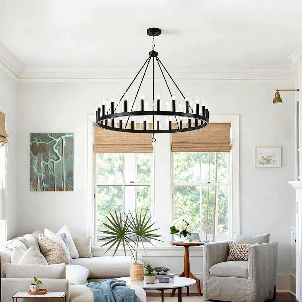 Luxury Round Crystal Ring Chandelier, matte black wagon wheel circular pendant light, modern farmhouse chandelier for living room, foyer, high ceiling indoor lighting.