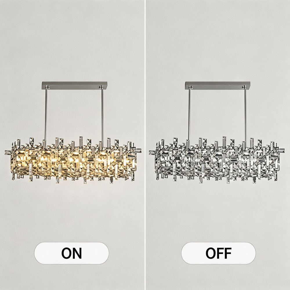 Modern Chrome Rectangular Crystal Chandelier, on and off state comparison display, polished chrome metal frame with layered clear crystal craft, indoor lighting fixture demo.