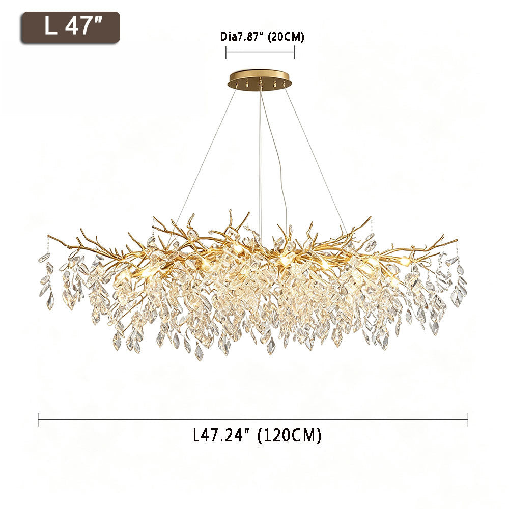 Luxury Gold Branch Crystal Chandelier L47 inch (120CM) size diagram, white background product photo with dimension annotations, gold finish with clear crystal leaf pendants