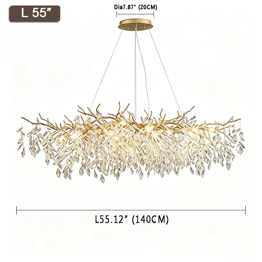 Luxury Gold Branch Crystal Chandelier L55 inch (140CM) size diagram, white background product photo with dimension annotations, gold finish with clear crystal leaf pendants