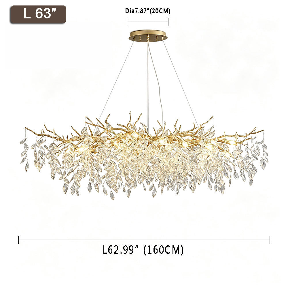 Luxury Gold Branch Crystal Chandelier L63 inch (160CM) size diagram, white background product photo with dimension annotations, gold finish with clear crystal leaf pendants
