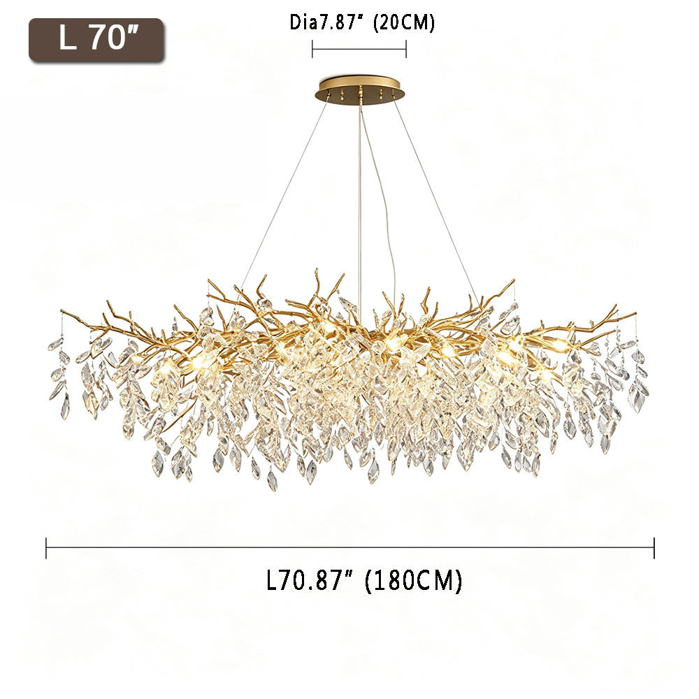 Luxury Gold Branch Crystal Chandelier L70 inch (180CM) size diagram, white background product photo with dimension annotations, gold finish with clear crystal leaf pendants
