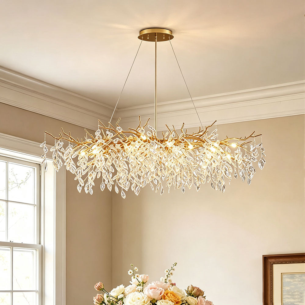Luxury Gold Branch Crystal Chandelier in modern living room interior, warm ambient lighting, gold branch crystal pendant light above seating area