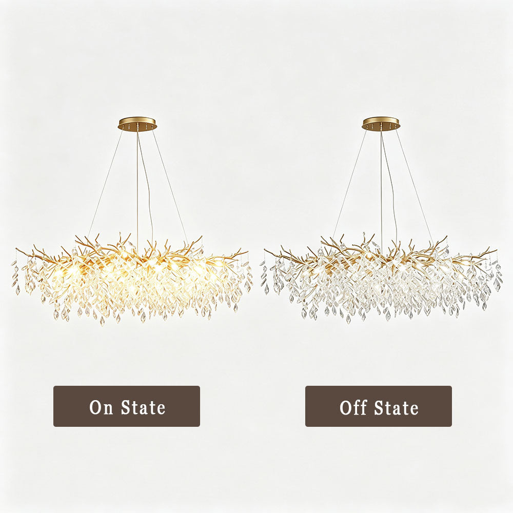 Luxury Gold Branch Crystal Chandelier on/off comparison, side-by-side showing light off and light on states, white background product display, gold finish with clear crystal leaves