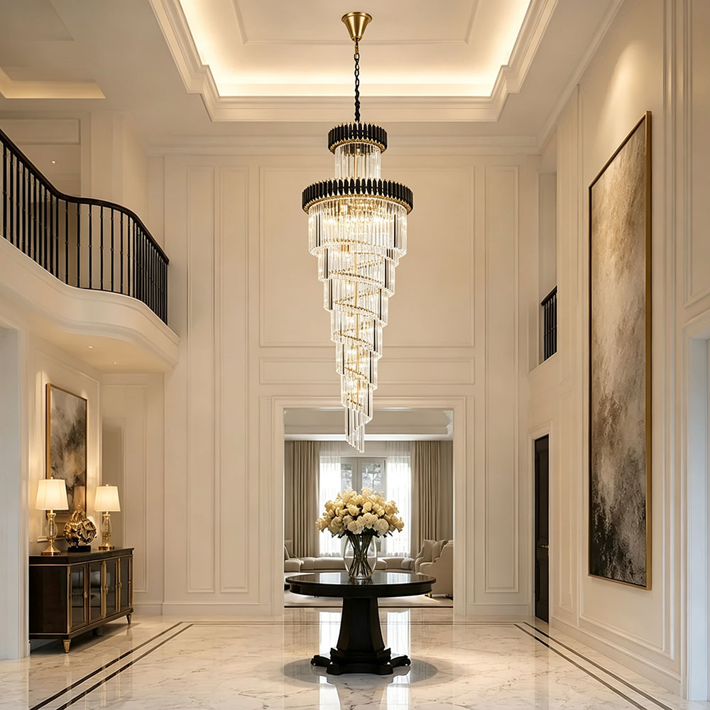 Modern Luxury spiral crystal chandelier hanging in two-story villa foyer, black gold tiered crystal pendant light for grand high ceiling entryway.