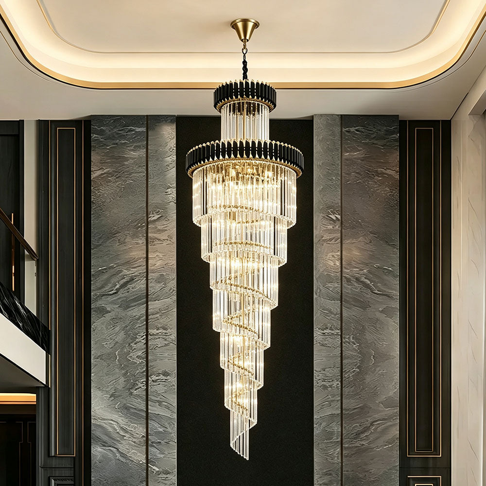 Modern Luxury spiral crystal chandelier for high ceiling stairwell, black gold multi-tier crystal pendant light inside luxury villa hallway.