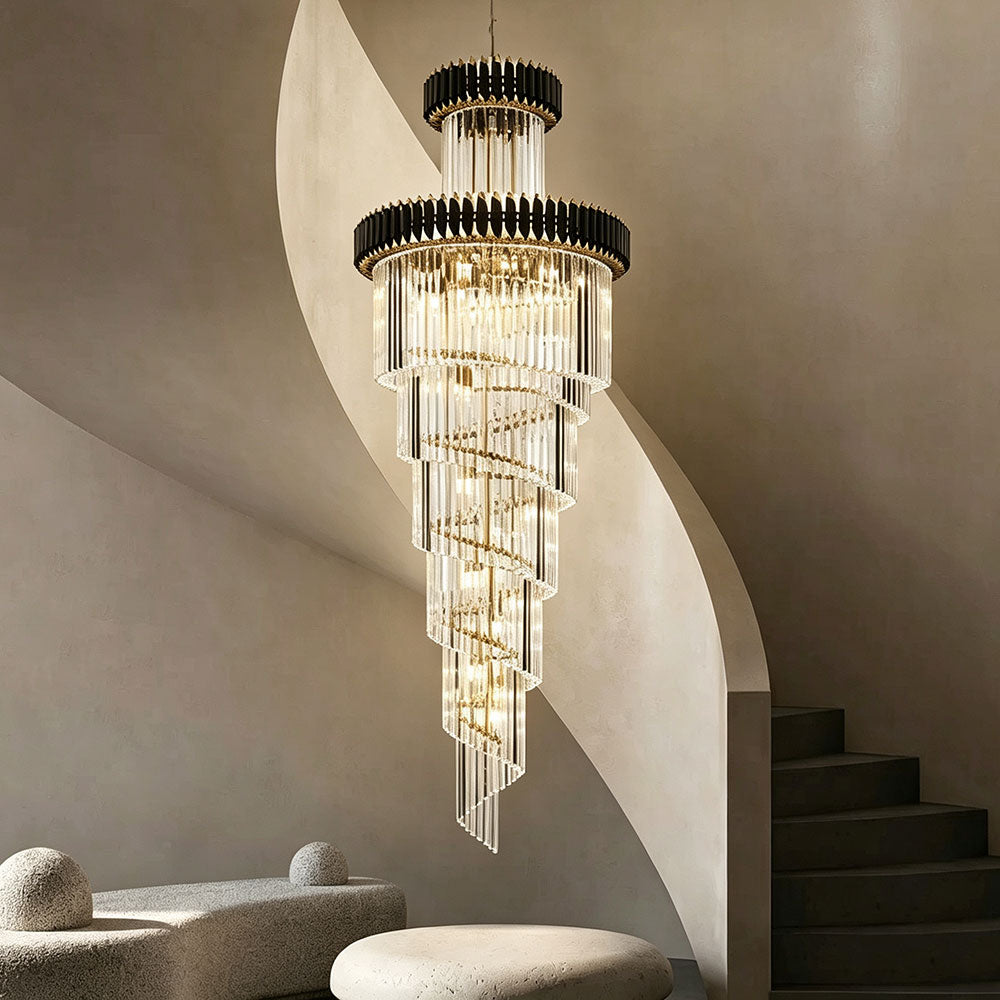 Modern Luxury spiral crystal chandelier above curved staircase, black gold tiered crystal pendant light for minimalist villa high ceiling space.