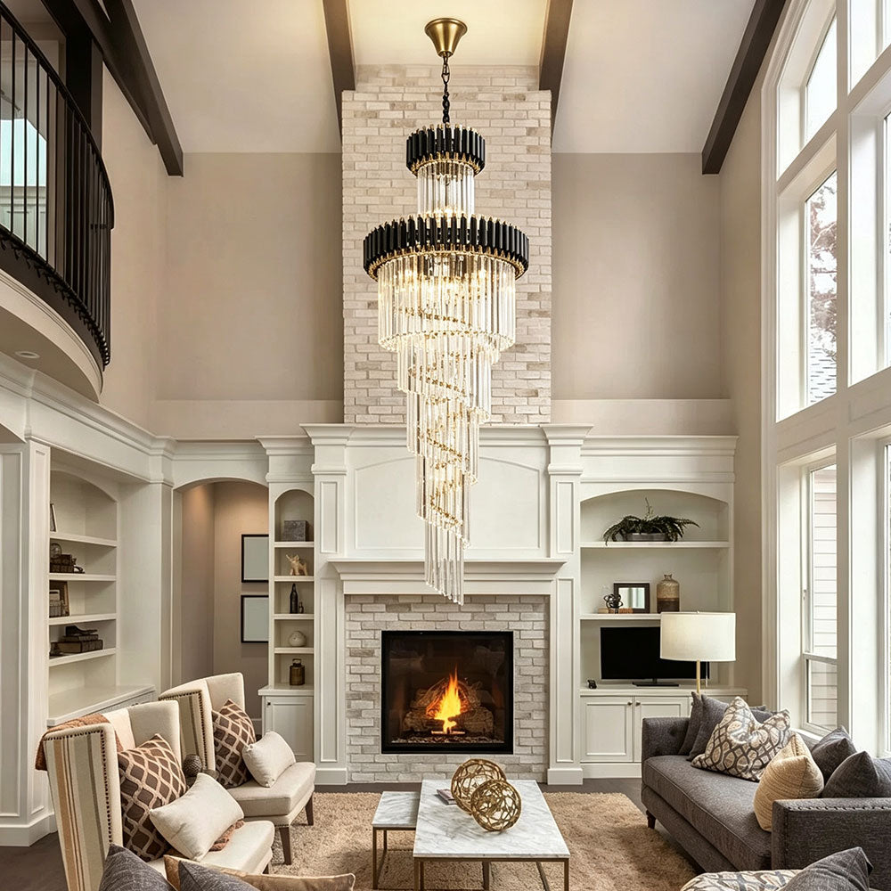 Modern Luxury spiral crystal chandelier, black gold tiered pendant light hanging in two-story staircase foyer high ceiling villa interior.