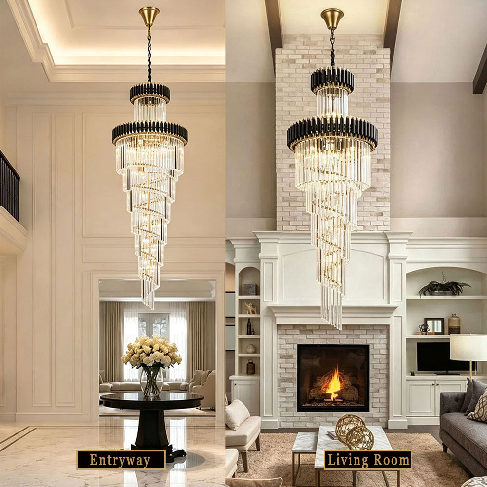 Modern Luxury spiral crystal chandelier displayed in entryway and living room, black gold tiered crystal pendant light for home interior decor.