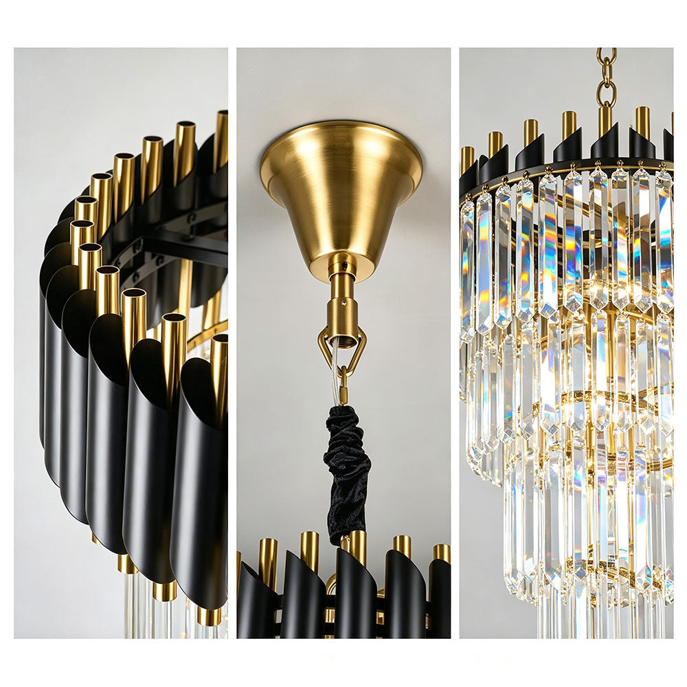 Modern Luxury spiral crystal chandelier close-up, matte black gold metal frame, clear crystal strips and adjustable suspension hardware details.