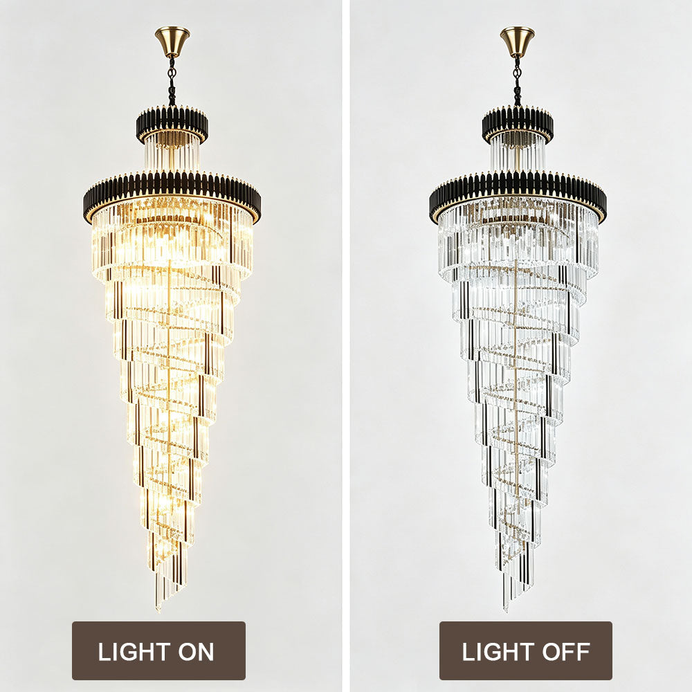 Modern Luxury spiral crystal chandelier light on and light off comparison, black gold tiered crystal pendant light white background display.