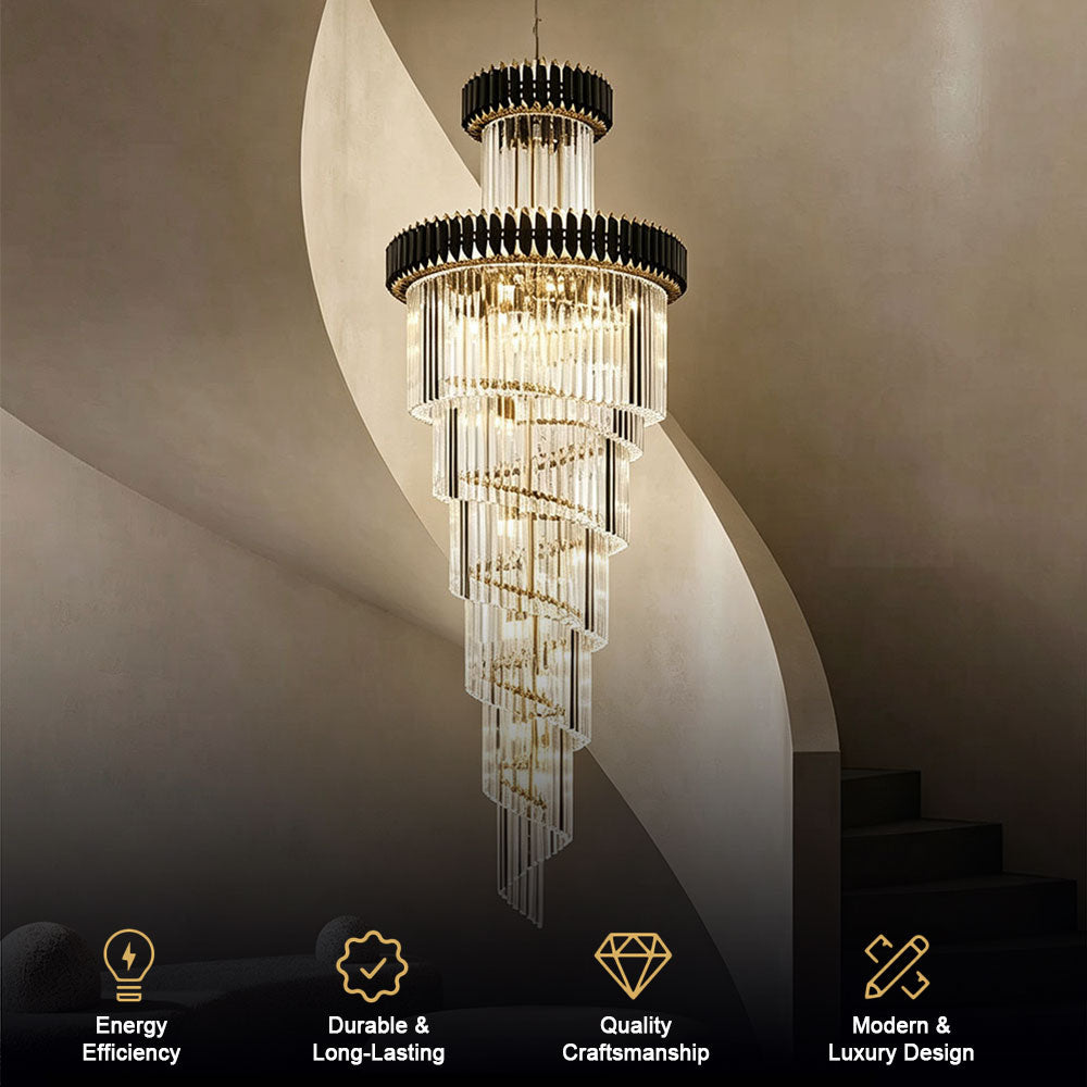 Modern Luxury spiral crystal chandelier mounted on curved staircase, black gold tiered pendant light featuring energy efficiency and premium craftsmanship.