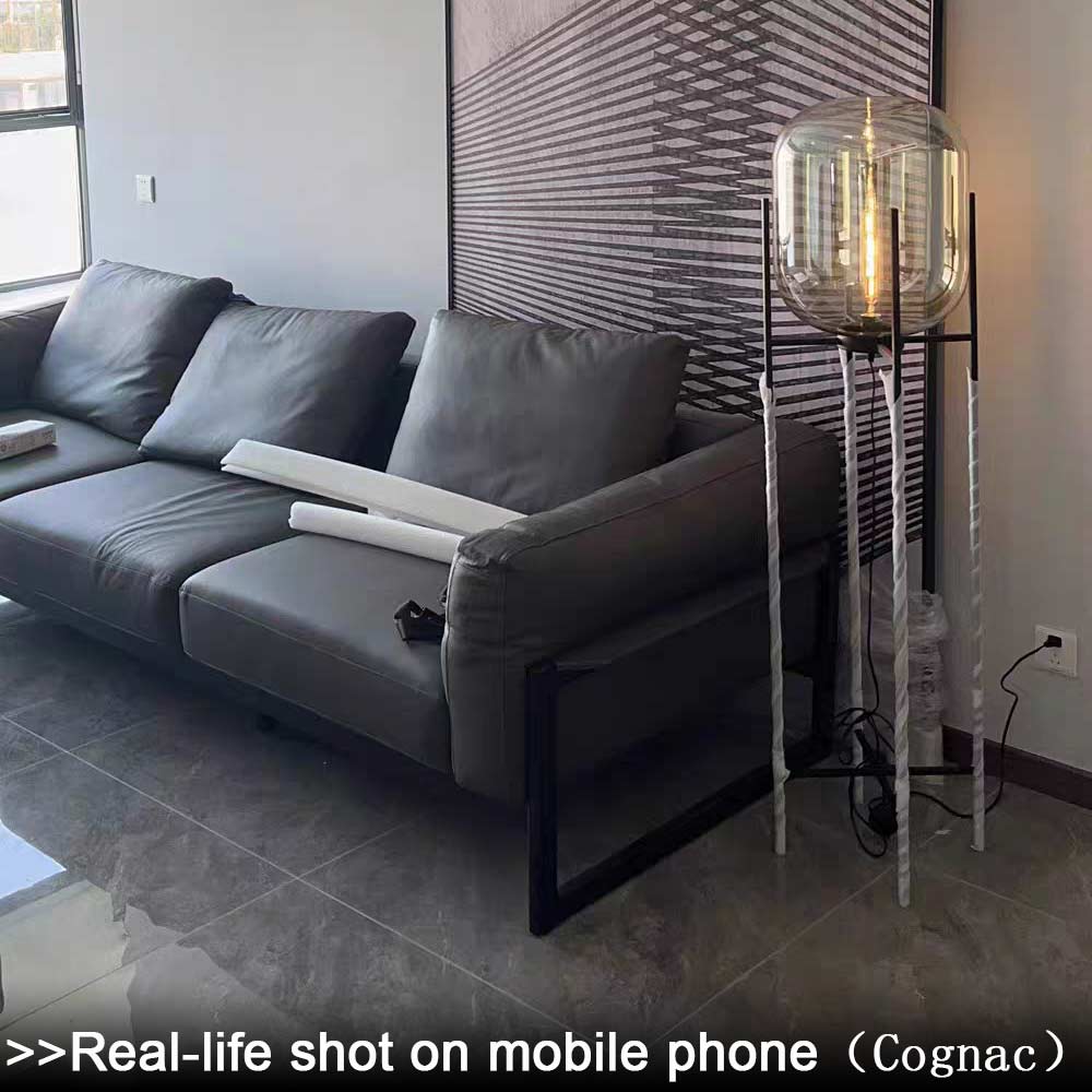 Cognac Glass Floor Lamp - Warm Tinted Shade Matte Black Iron Base