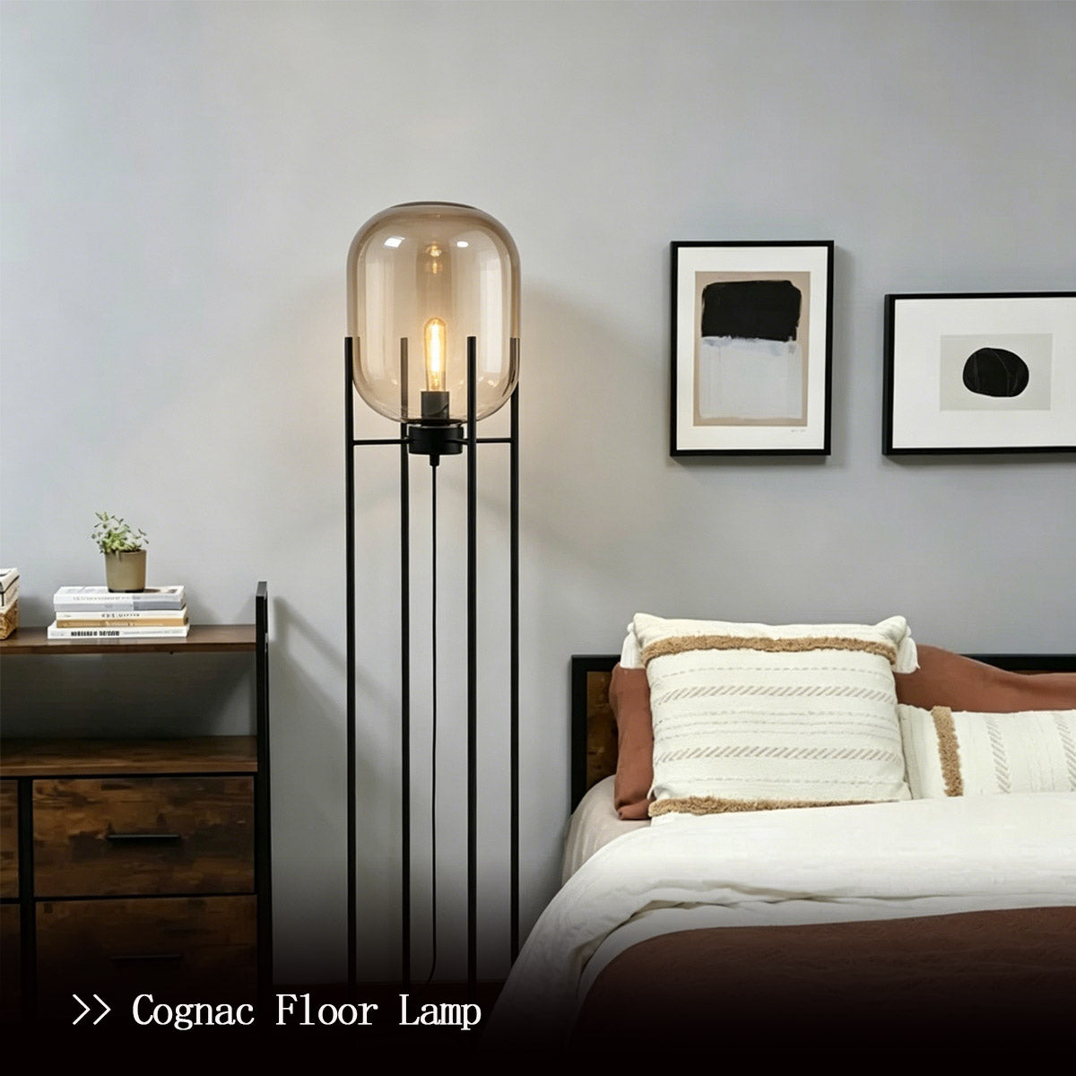 Cognac & Smoke Gray Glass Floor Lamp - UL CE Certified Indoor Lighting