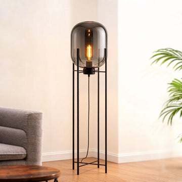 Cognac Glass Floor Lamp - Black Wrought Iron Frame Tall Standing Lamp